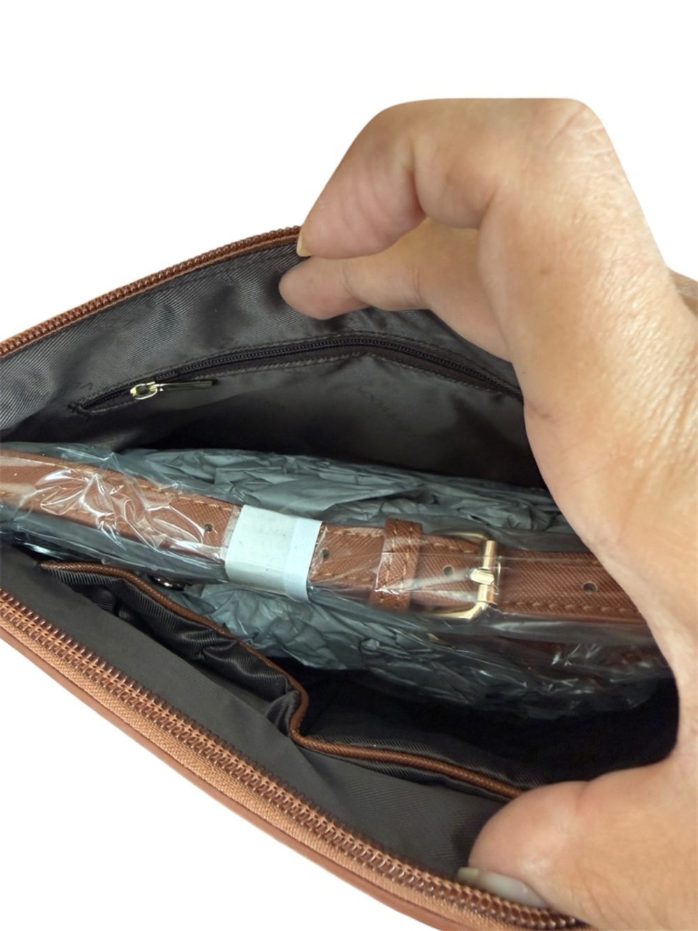 Saffiano Tan Crossbody Bag Structured Minimal Gold Hardware - Picture 8 of 10